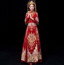 Women Red Chinese Wedding Bride Dress Pleat Qipao Cheongsam Ball Gown Feast Suit