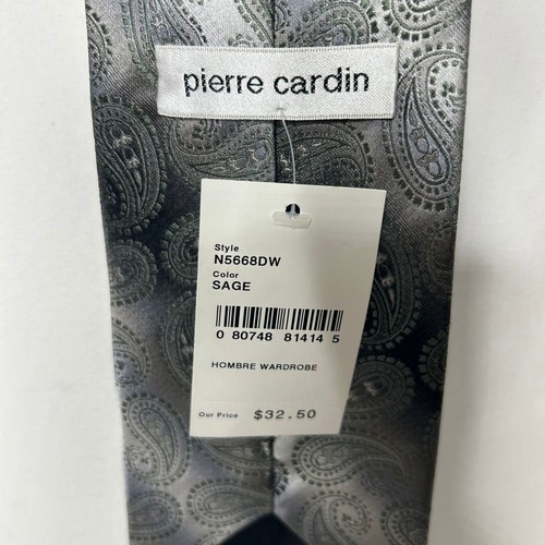 NUEVO CON ETIQUETAS Pierre Cardin Corbata para Hombre 4” Gris y Verde Hombre Seda Paisley Hecha a Mano - Imagen 9 de 11