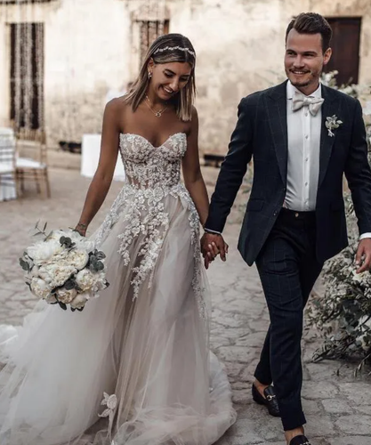 Boho Summer Beach Wedding Dresses Sweetheart Lace Appliques Beach Bridal Gowns - Picture 2 of 13