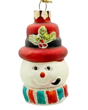 Vtg. Style Hand Blown Glass Christmas Ornament Snowman Head Glitter Accents 3"
