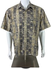 Pierre Cardin Men's Large Button Up Short Sleeve Shirt Tan Geometric Pattern