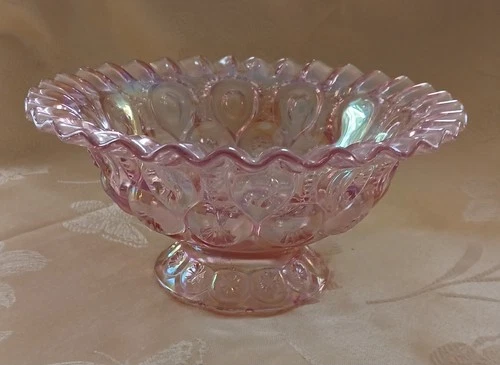 Vintage Carnival Glass Pink Ruffled Edge Moon and Star Footed Bowl