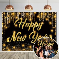 Happy New Year Banner Backdrop 7x5FT 2026 Black and Gold 7x5FT, Black,
