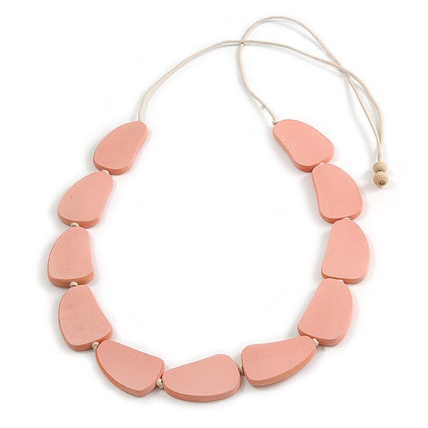 Pastel Pink Geometric Wood Bead White Cotton Cord Long Necklace - 100cm L/