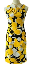 LONDON TIMES Pleated Neckline Fit & Flare Dress Yellow Black White Abstract- SZ4