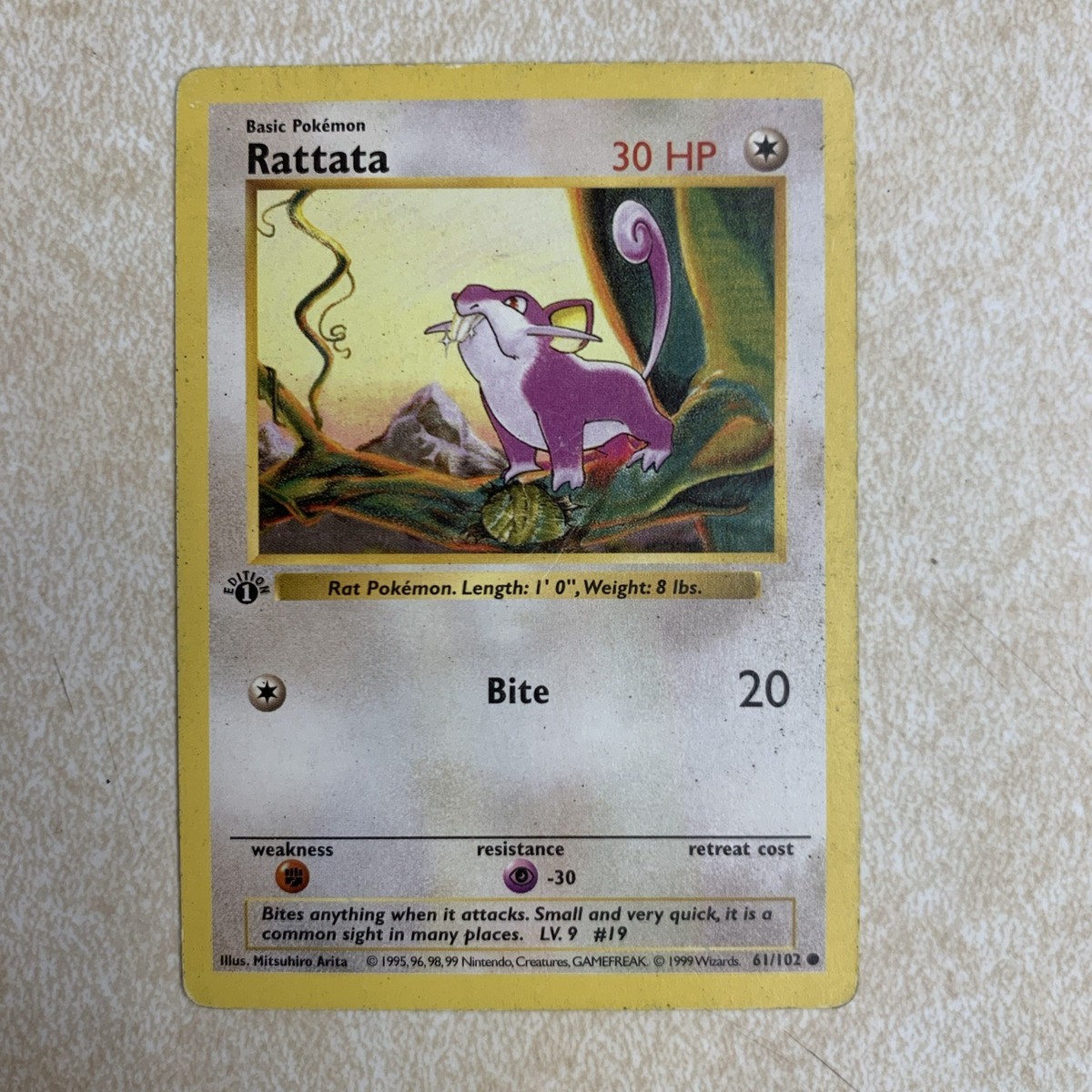 Base Set 1st Edition Shadowless Rattata Pokemon Trading Card 61/102