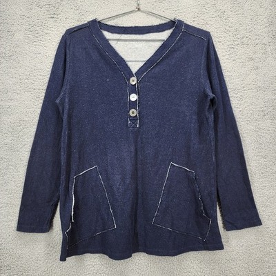 Soft Surroundings Indigo Waffle Knit Henley Top Raw Edge Blue Petite XS