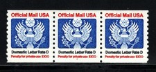 US Stamps Official Mail - Rate D (20�) Eagle Plate # 1 coil strips of 3  SC#O139