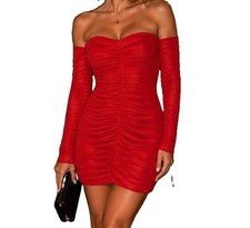 Zara Burnt Red Ruched Bodycon Mini Dress S Sweetheart Chiffon 3152/317/613