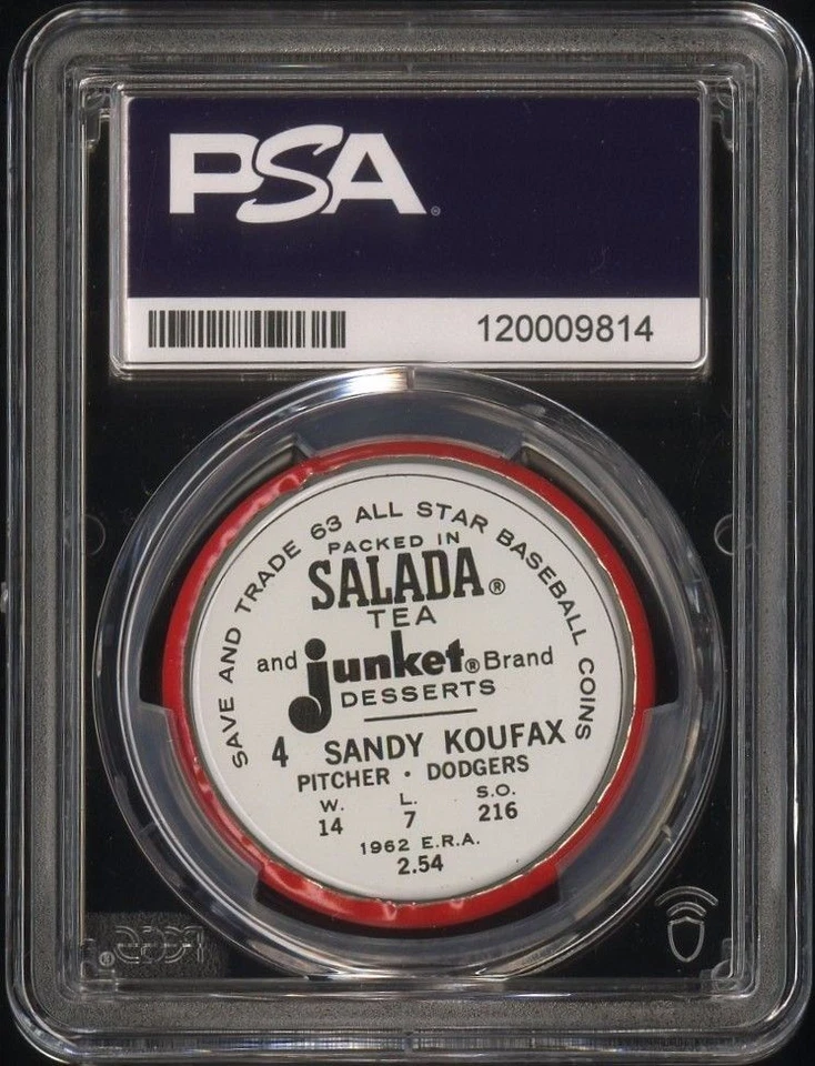 Prendedor de moneda de béisbol Salada 1963 4 Sandy Koufax Los Angeles Dodgers PSA 9 como nuevo Foto 2 de 2