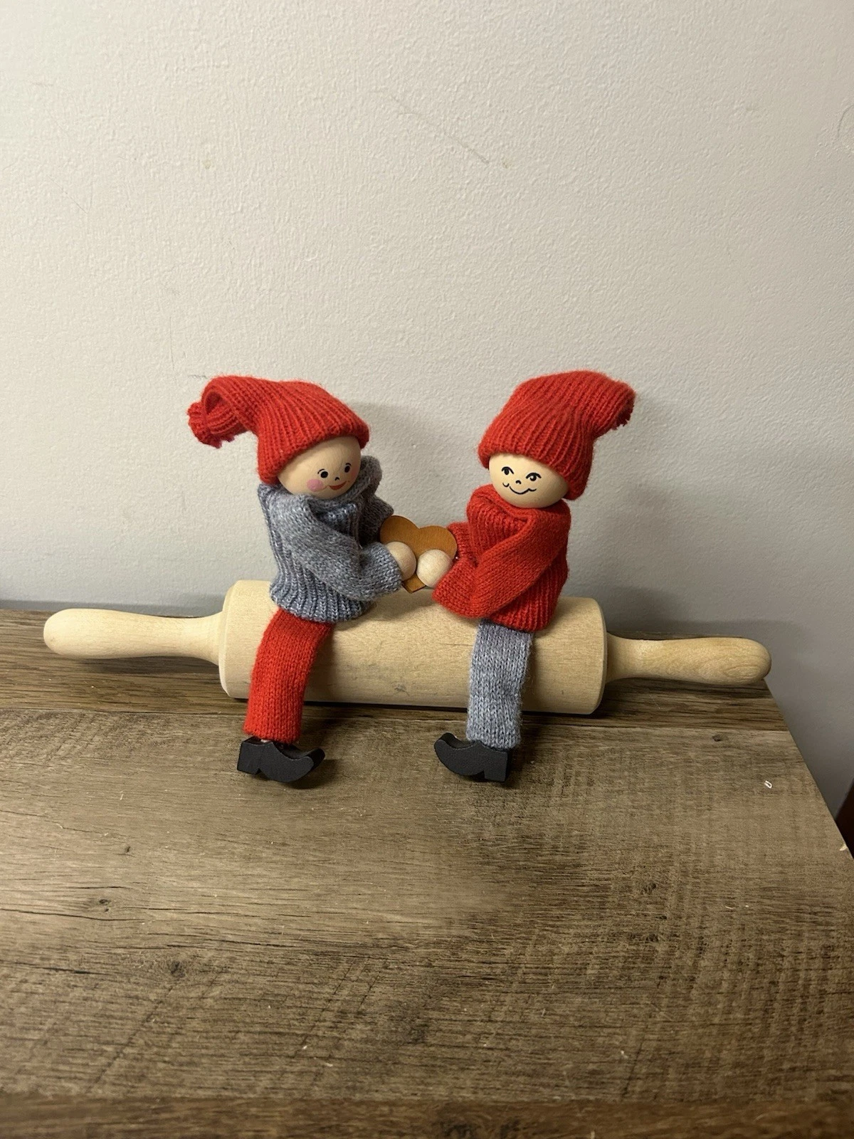 Ljungstroms Wooden Figures Gone Elf Children on Rolling Pin 10.5" x 4.5"