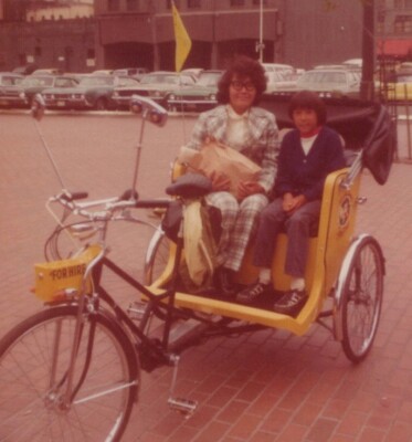 1970s Woman Boy Pedicab Ride Brick Square City Background Hire Sign Bicycle Taxi
