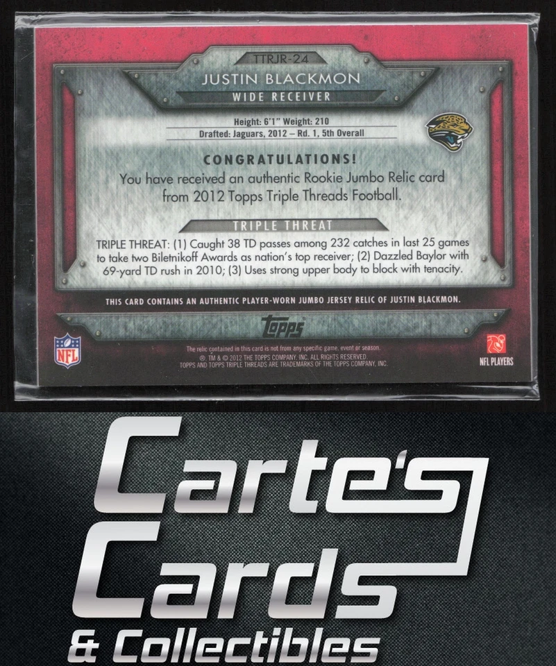 Justin Blackmon 2012 Topps Triple Threads #TTRJR-24 Rookie Jumbo Relics 69/99 - Image 2 of 2