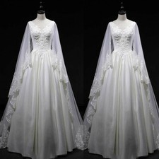 Vintage Fairy Wedding Dresses V Neck with Long Sleeve Cape Appliques Bridal Gown