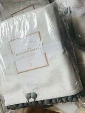 Pottery Barn Pom Pom Drapes Panel Set 2 White Gray 44x 96 Curtain Blackout Pair