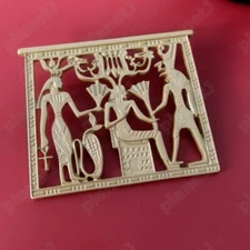 Art Deco Style Hieroglyph Panel Matt Gold Egypt Revival BROOCH Rectangular Pin