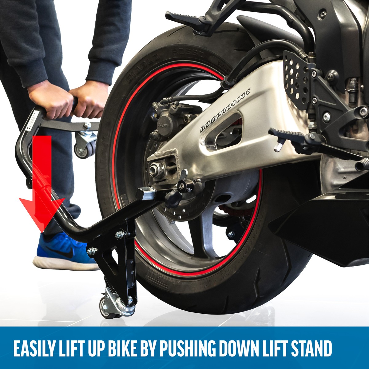 Venom Motorcycle Rear Lift Stand with Dolly Wheels, Spool