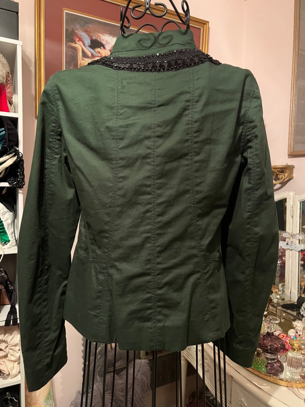 DKNY Donna Karan Green Cotton Twill Fitted Embellished Blazer Jacket