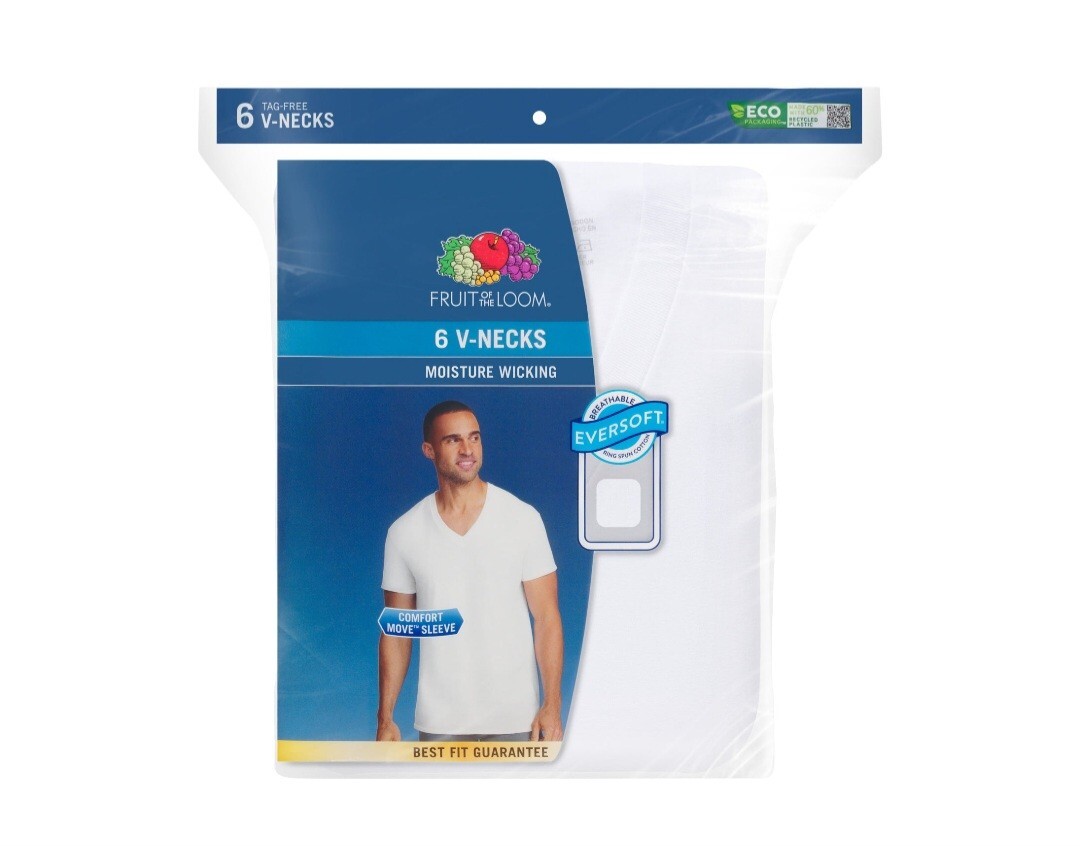 Fruit of the Loom Men's White VNeck Undershirts, 6 Pack, Size 3XL 54