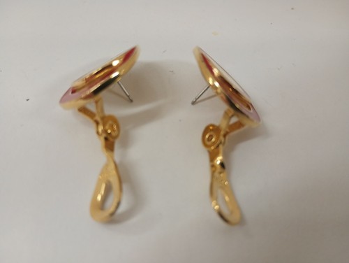 Vintage Monet Red & White Enamel Pierced Clip Earrings Gold Tone #2 - Picture 4 of 5