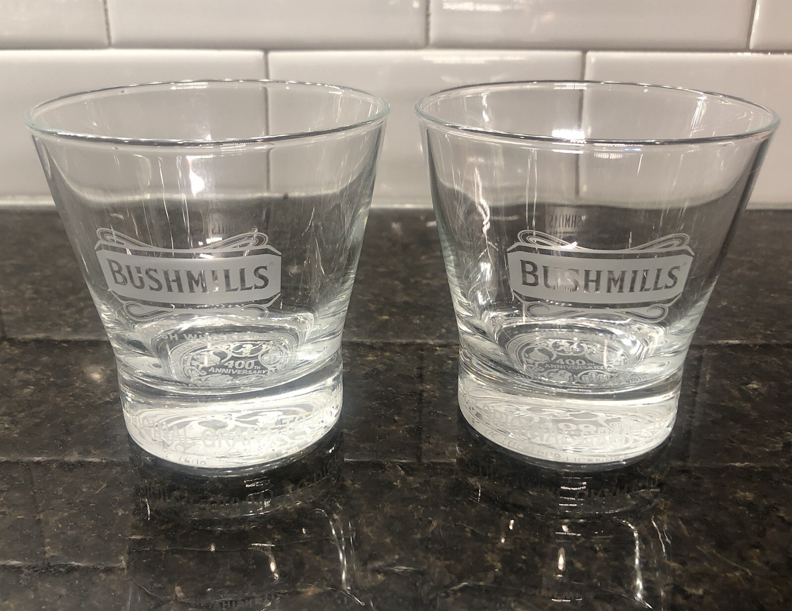BUSHMILLS 1608 Grant to Distil 400th Anniversary Glasses Set Of 2 EUC