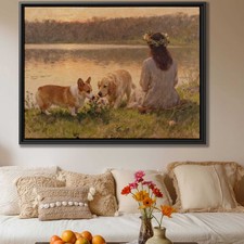 Dog Corgi Canvas Print Oil Painting Floral Artwork Rustic Pet Portrait Decor