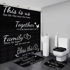 Family Shower Curtain Set Black Home Bathroom Rugs Accessories 12 Hooks