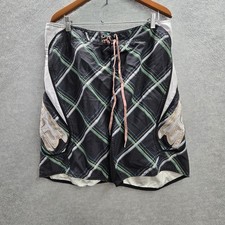 Fox Men Shorts 36 Black Plaid Logo Board Shorts Embroidered Y2K