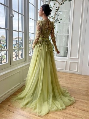 Olive Green Evening Dress Round Neck Long Sleeves Beading Flower Lace Prom | eBay Olive Green Evening Dress Round Neck Long Sleeves Beading Flower Lace Prom | eBay
