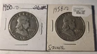 1950-D-1958-D Silver Ben Franklin Half Dollar Average Circ 2 coins 1.00 Face 90%