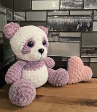 Crochet Panda Bear & Heart Handmade Amigurumi Get Well Gift Chenille 8.5" Tall