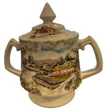 Vintage Old Staffordshire England Stoneware Transferware Sugar Dish Country Lane