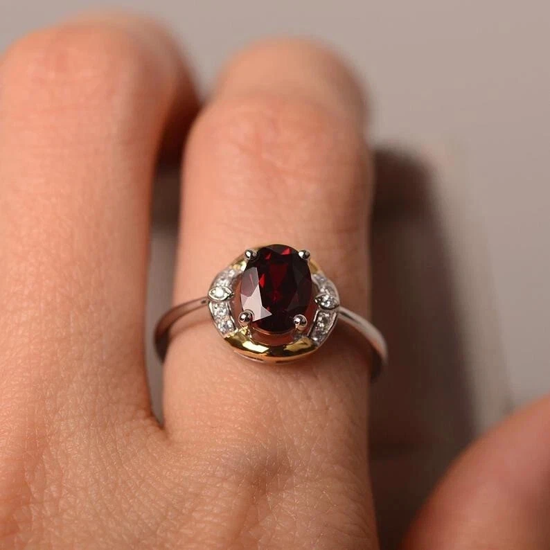 1.70 Ct Oval Natural Garnet Diamond Bridal Ring 14K Solid White Gold Size All - Image 2 of 4