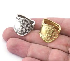 Spoon Ring Flower Patterned Adjustable Raw Brass-Antique Silver Plated 4053