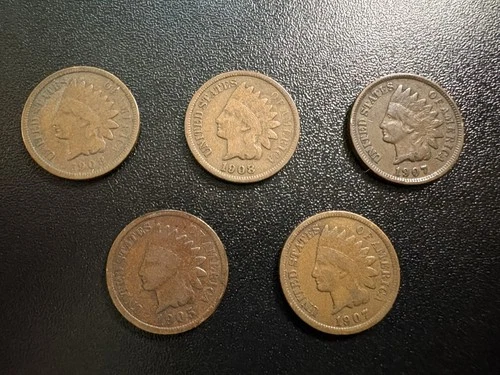 LOT of 5 Good/Fine Circulated Indian Head Cent Penny Coin - Free Shipping