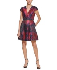 Vince Camuto E4001 Jacquard Cap Sleeve Fit & Flare Dress Red Size 8