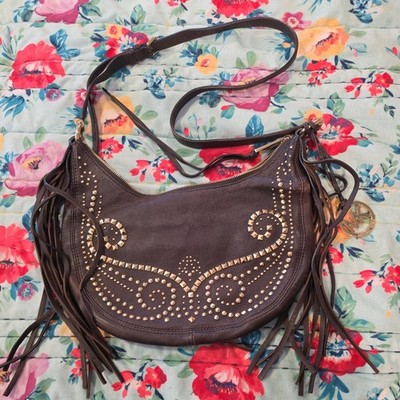 MICHAEL KORS RHEA BRN BOHO SLOUCH LEATHER,GOLD STUDS,FRINGES,SLOUCHY ,CROSSBODY