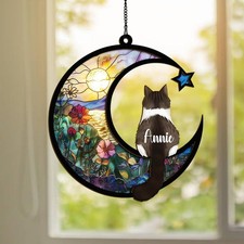 Custom Cat Memorial Suncatcher, Engraved Cat Lovers, Couple Cat On Moon Loss