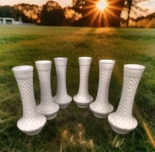 6 White Milk Glass Bud Vase Quilted Diamond Pattern 9''H