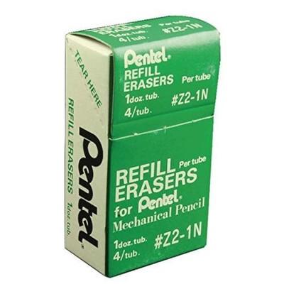 Pentel Mechanical Pencil Eraser Refills, Z2-1N, Box of 4.25mm x 13.8mm, White