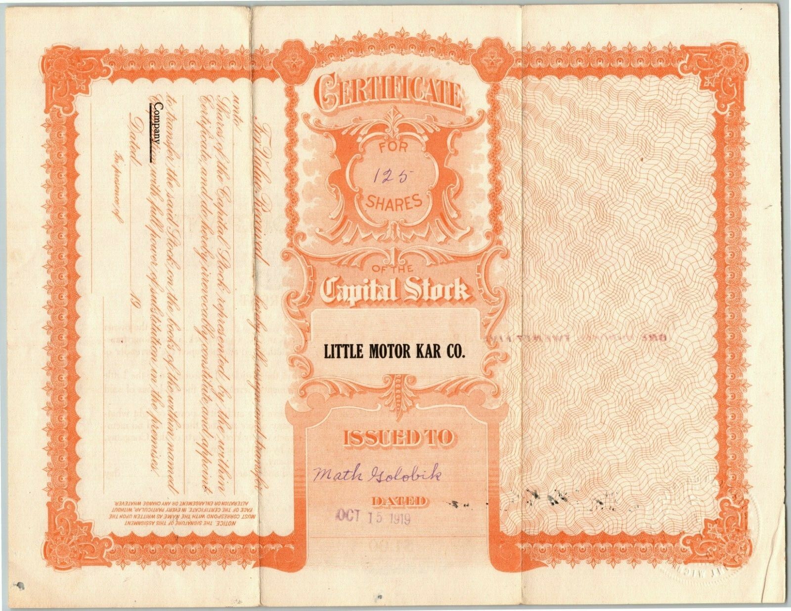 Vintage 1919 Stock Certificate - "Little Motor Kar Company" (Fraud Scheme) Texas