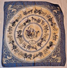 SCARF VINTAGE AUTHENTIC EQUESTRIAN ART PROMENADE BLUE BEIGE PLICE 38" SQUARE