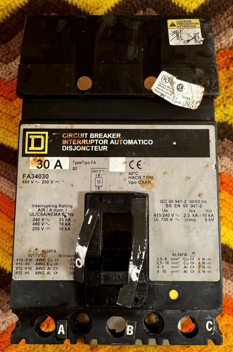 Square D Circuit Breaker FA34030 30A 480V/250V 3-Pole HACR NOS | eBay