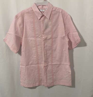 Cafe Luna Men s Short Sleeve Linen Cotton Panel Woven Shirt Pink Medium 38-40