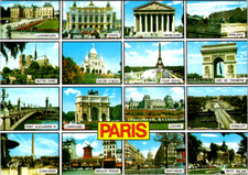 Postal de colección Francia París monumentos collage Torre Eiffel Arco del Triunfo