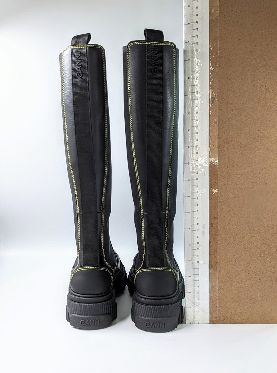 Ganni Women's Black Leather Knee High Chelsea Boots Size 35