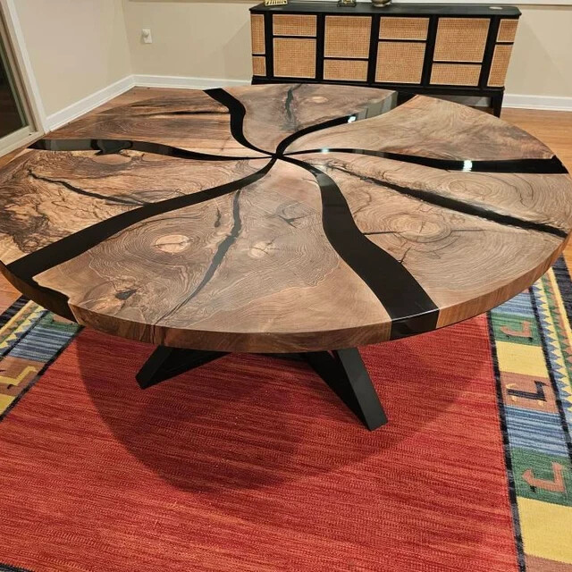 Custom Made Dark Walnut Wood Black Epoxy Round Dining Table - Dining Room Table-image