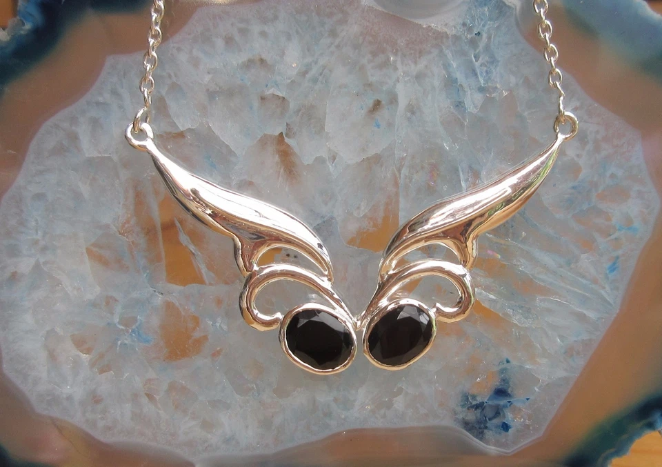 KX Collana Ali Argento Sterling 925 Onice Nero Pietra Del Capricorno - Immagine 2 di 4