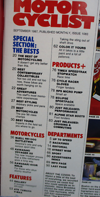 Sept 1987 Motorcyclist Magazine Buell RR1000 Kawasaki 600 Ninja