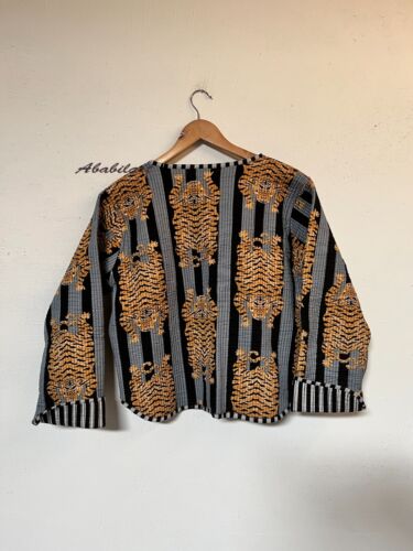 Indian Black Tiger Printed Cotton Quilted Jacket Vintage Reversible Jacket - Picture 7 of 10